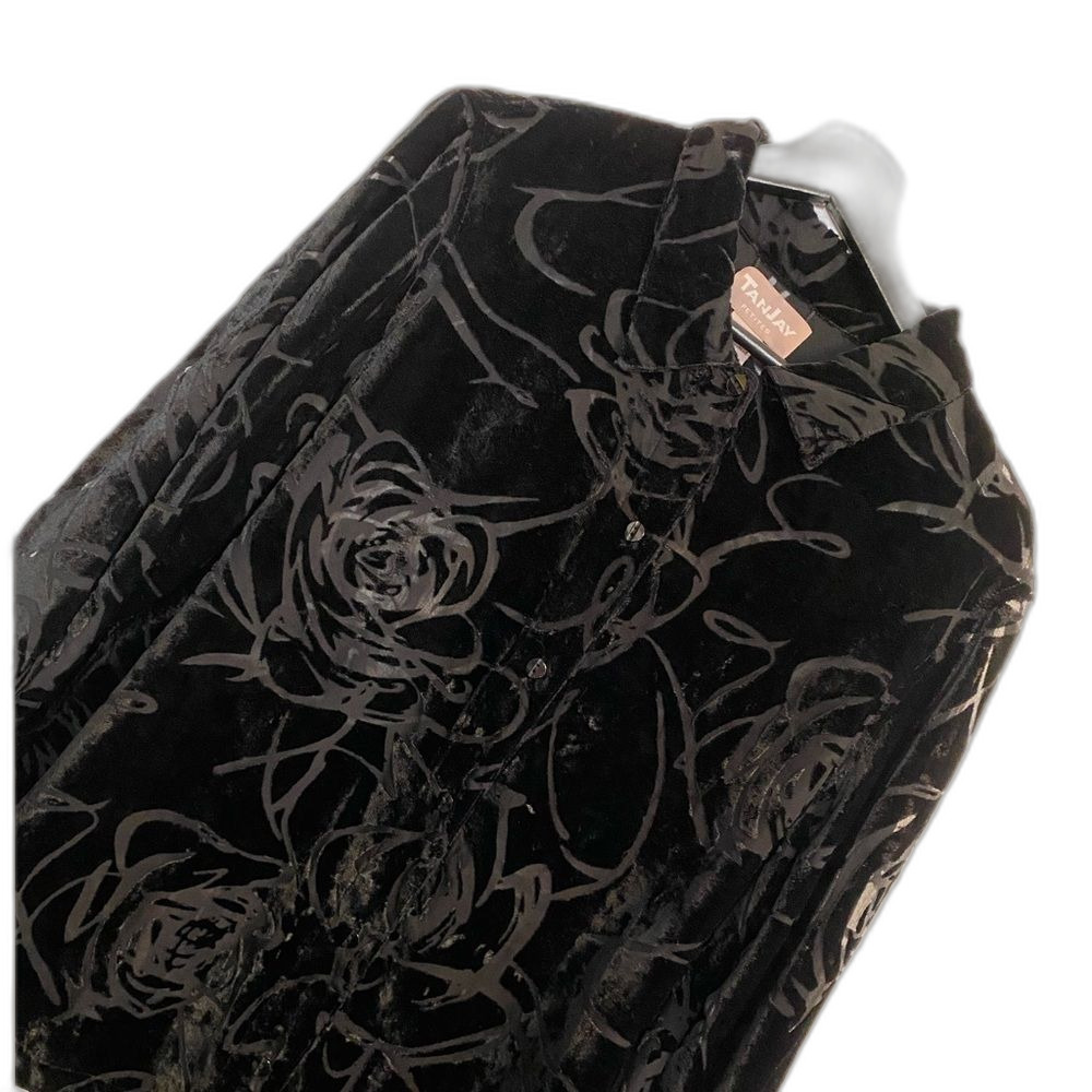 TanJay Women's 16 P Black Velvet Floral Burnout Button Up Boho Shirt b1-25